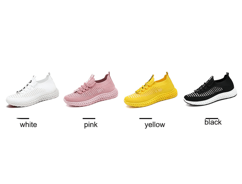 Casual Lace-Up Flat Bottom Sneakers for Women in white, pink, yellow, and black showcasing breathable mesh design, style SF0265.